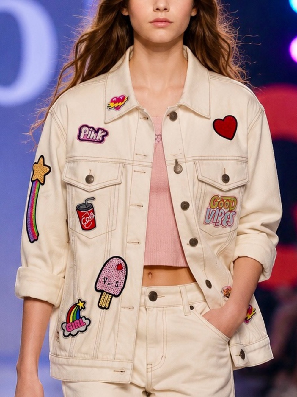 Casual Patchwork Denim Jacket - Cream